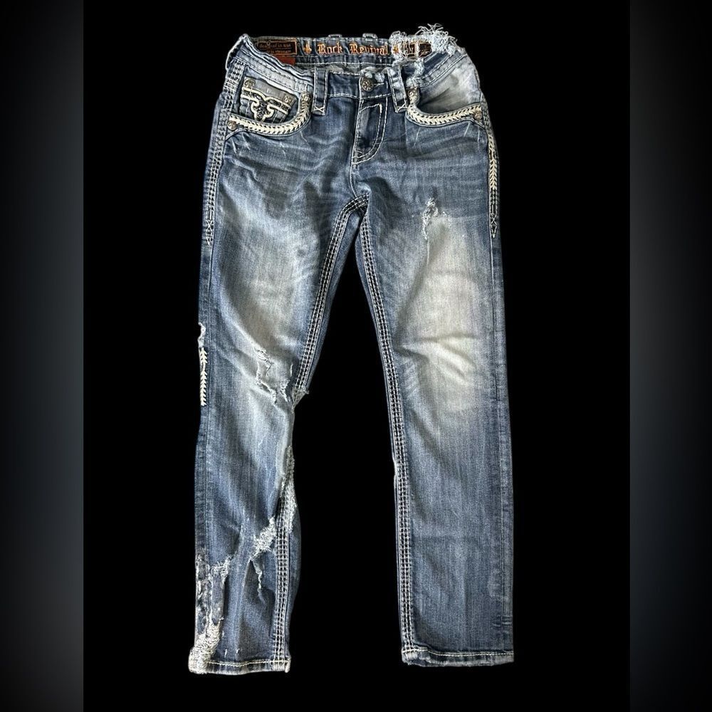 Rock Revival Men's Light Blue Distressed Slim straight  Jeans Size 30